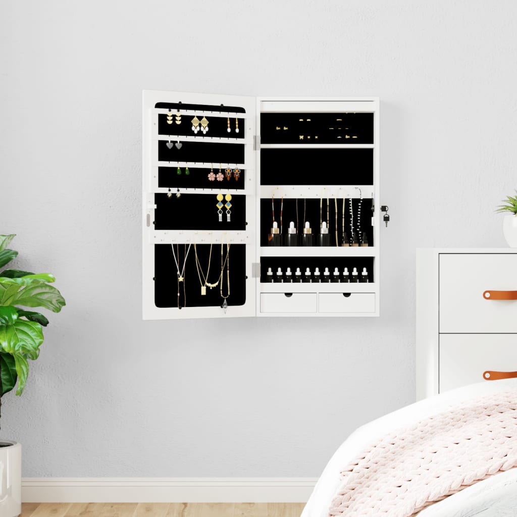 Wall Mounted Mirror Jewellery Cabinet with LED Lights - White
