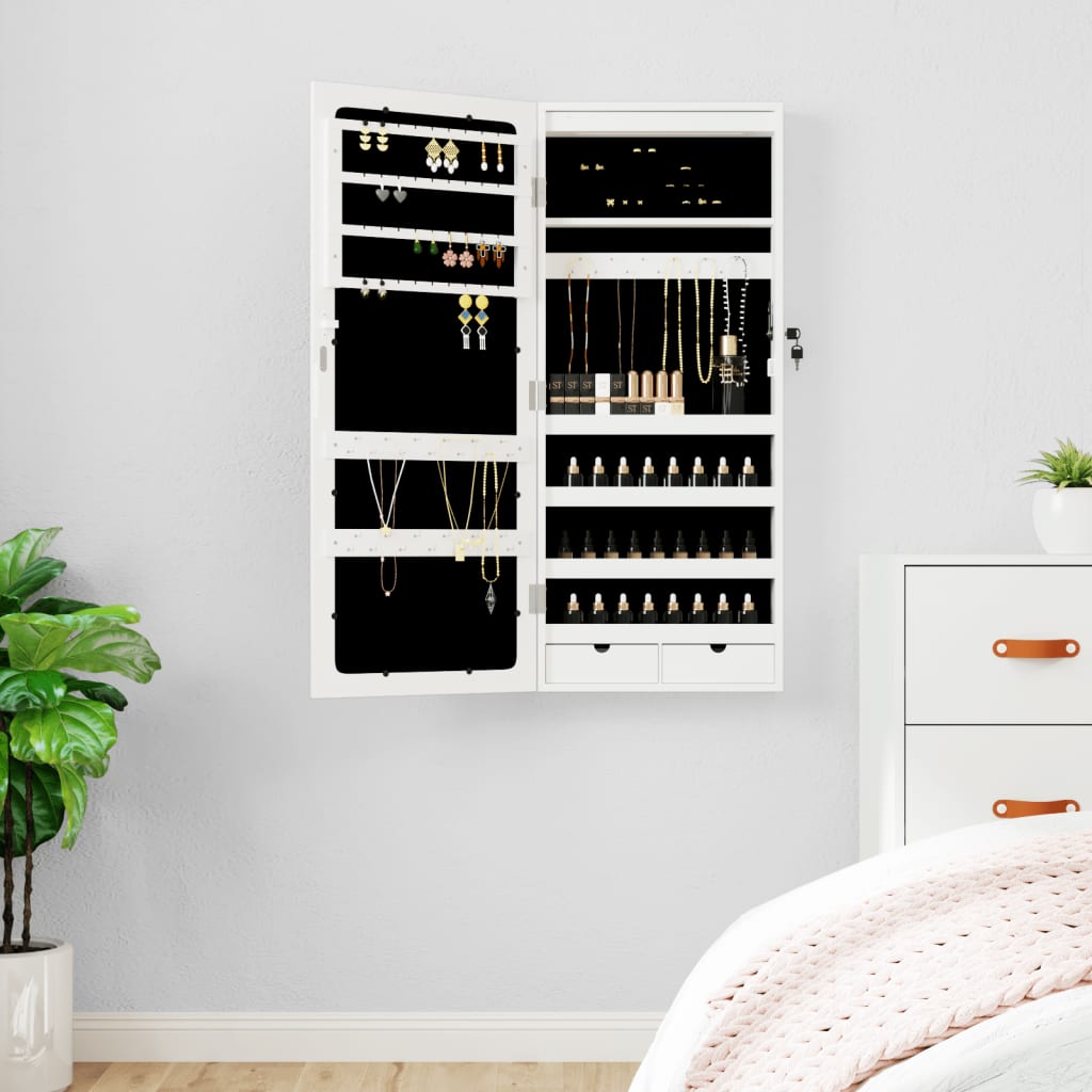 Wall Mounted Mirror Jewellery Cabinet with LED Lights - White