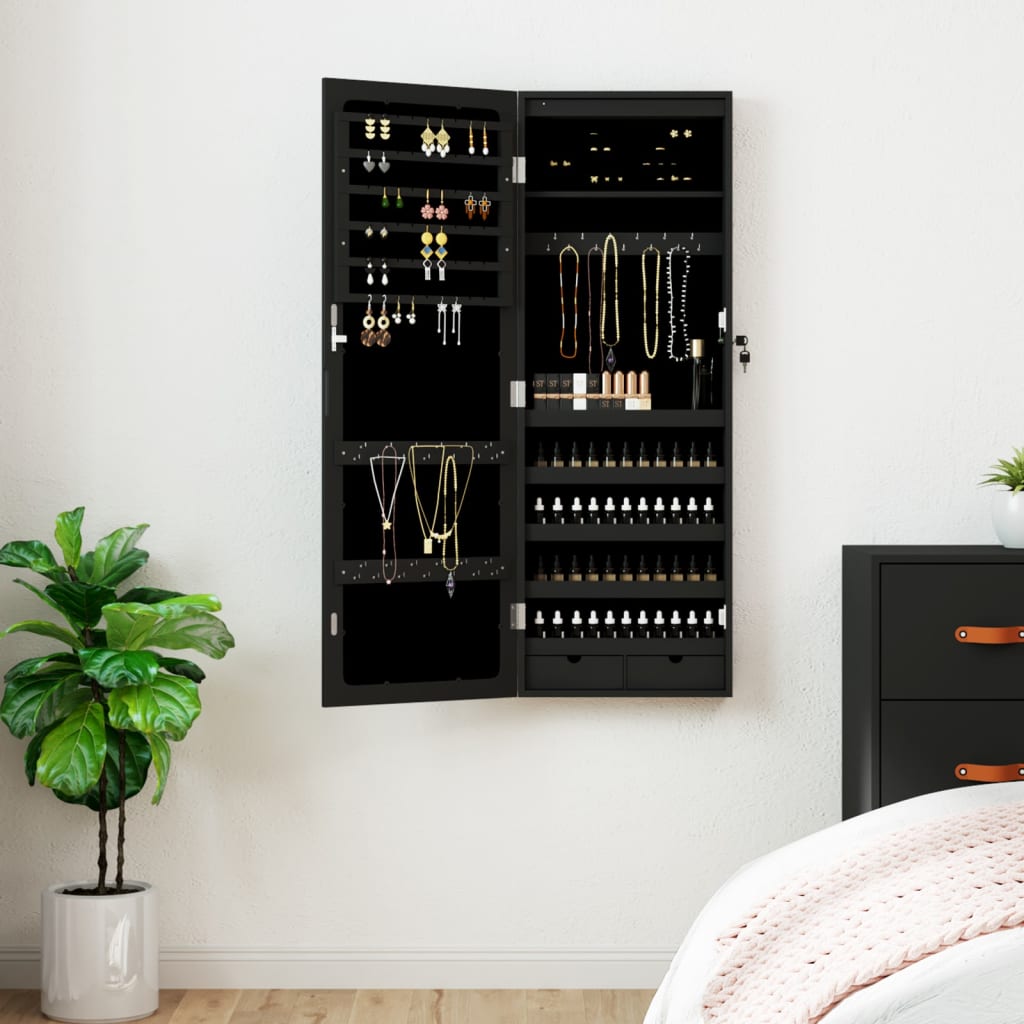 Wall Mounted Mirror Jewellery Cabinet with LED Lights - Black