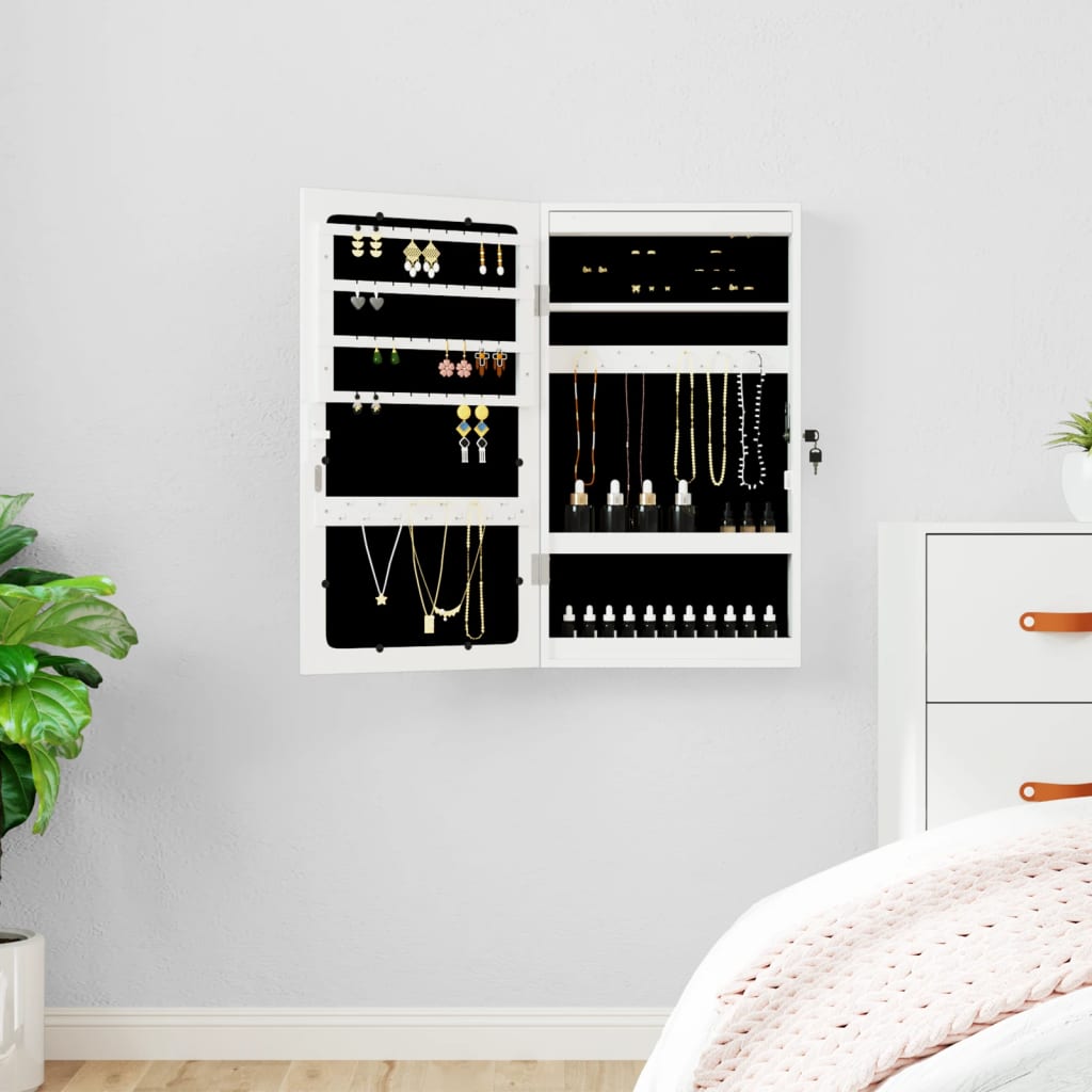 Wall Mounted Mirror Jewellery Cabinet with LED Lights - White