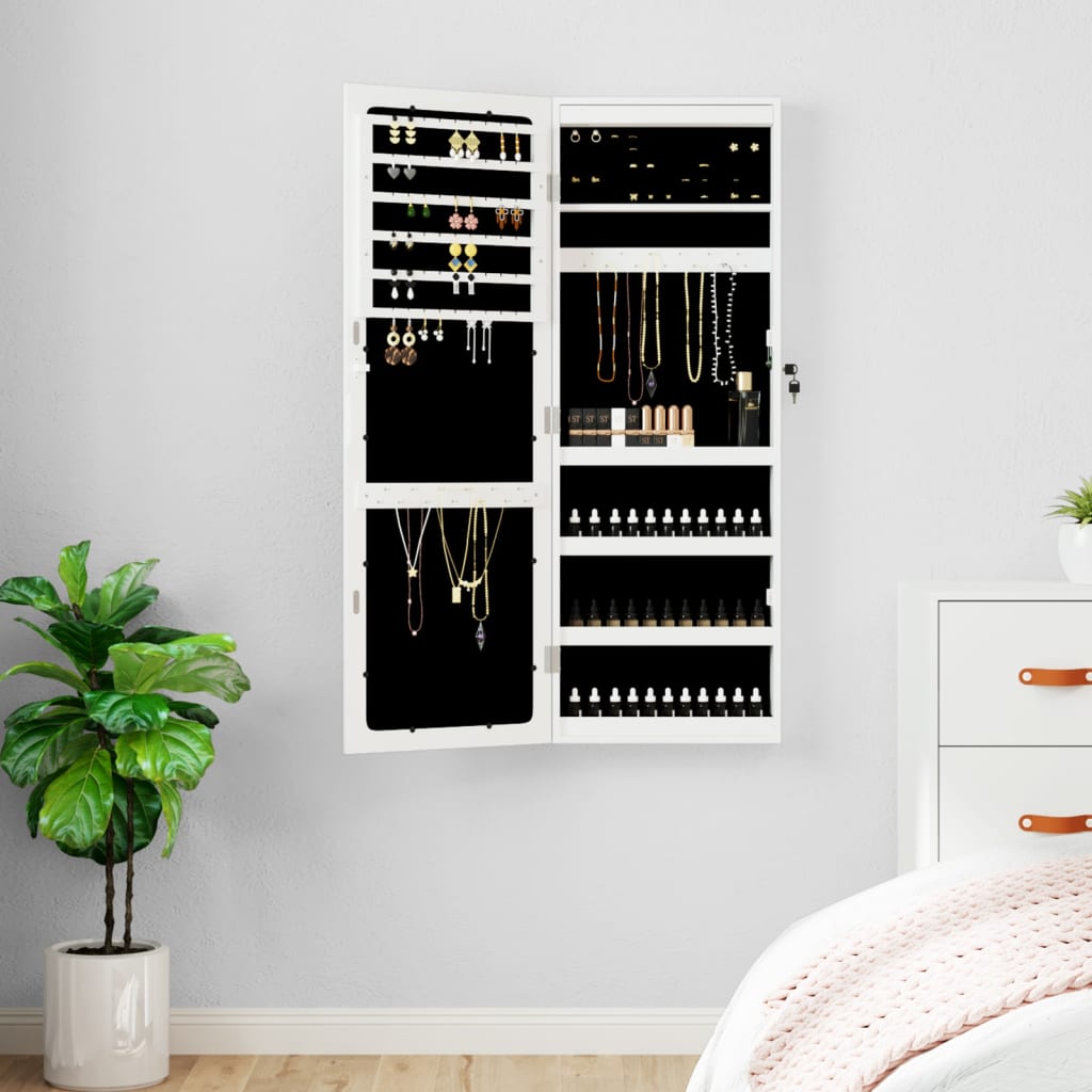 Wall Mounted Mirror Jewellery Cabinet with LED Lights - White