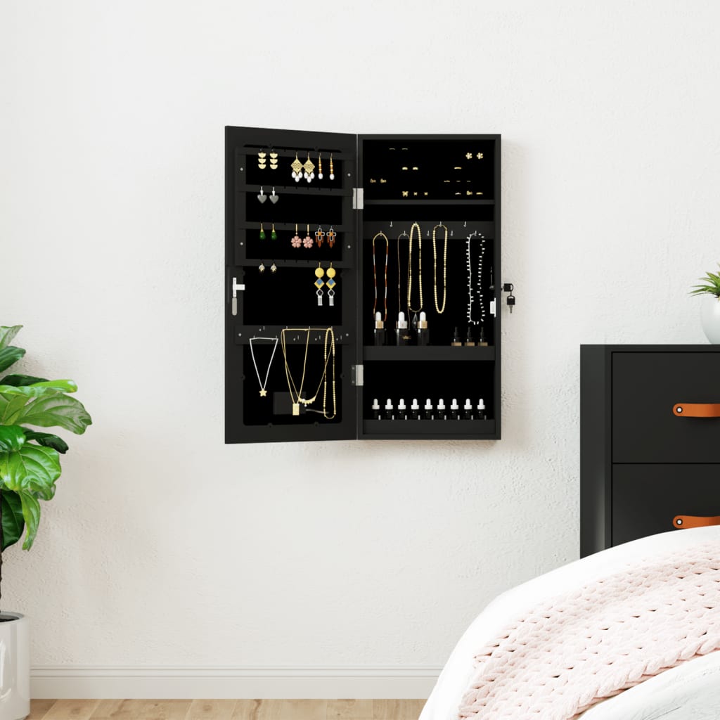 Wall Mounted Mirror Jewellery Cabinet with LED Lights - Black
