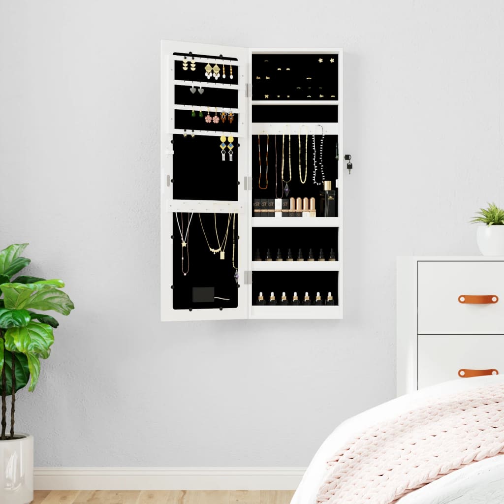 Wall Mounted Mirror Jewellery Cabinet with LED Lights - White