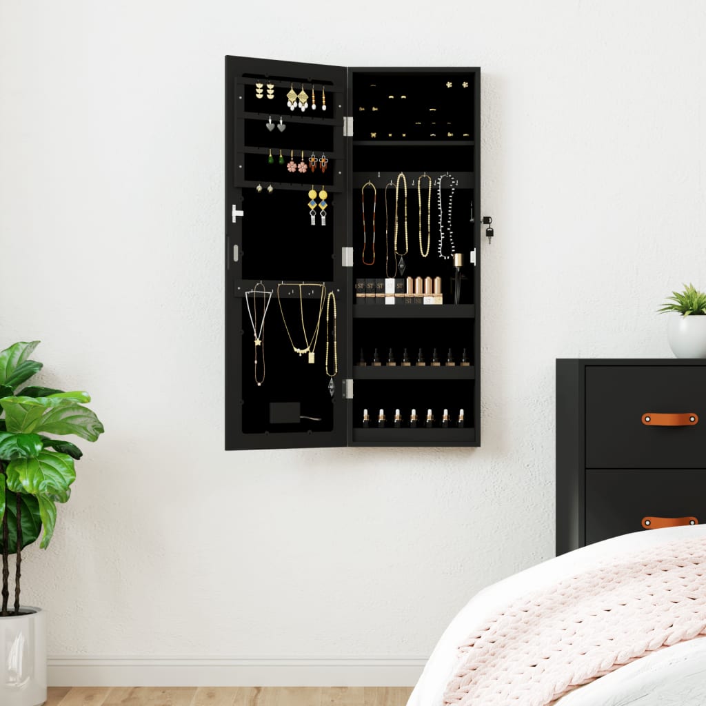 Wall Mounted Mirror Jewellery Cabinet with LED Lights - Black
