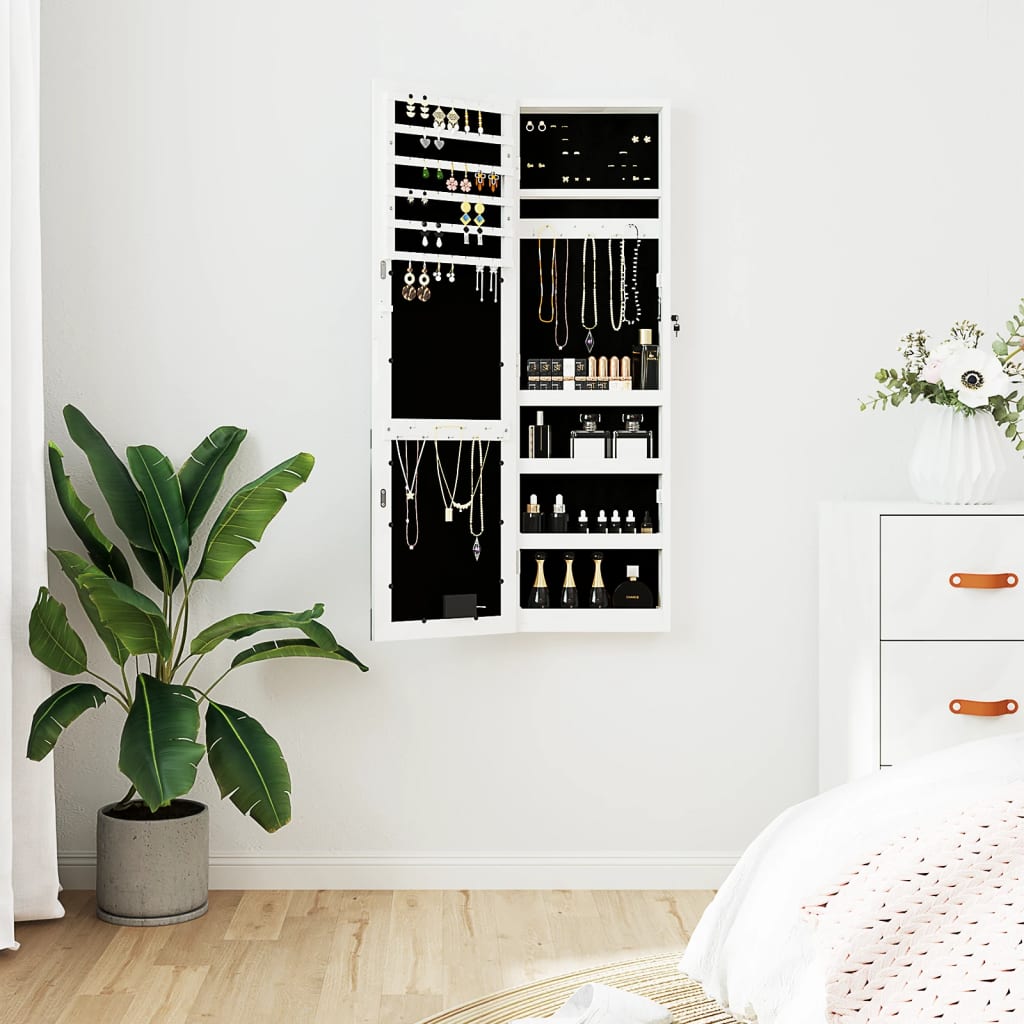Wall Mounted Mirror Jewellery Cabinet with LED Lights - White