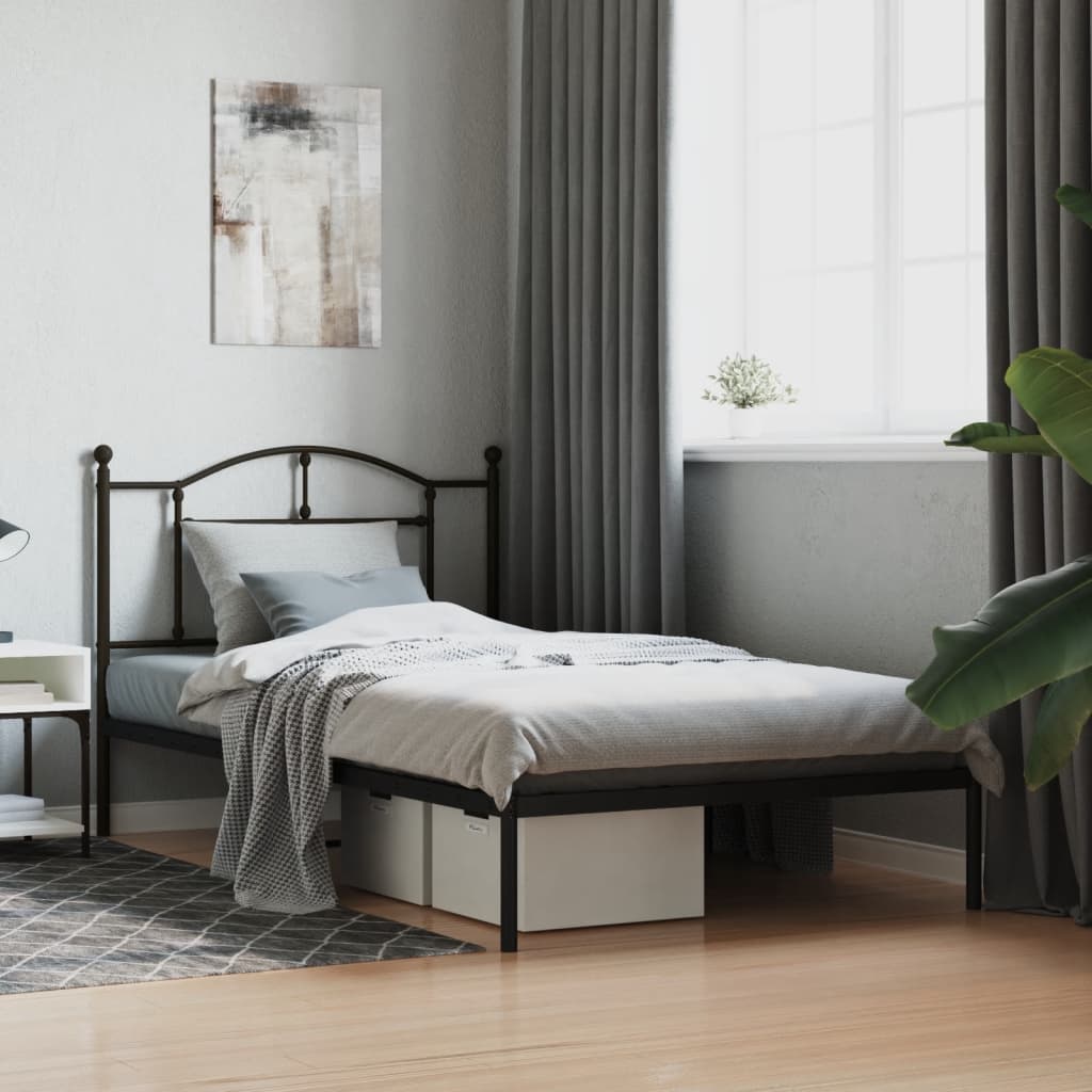 Metal Bed Frame with Headboard Black 107x203 cm