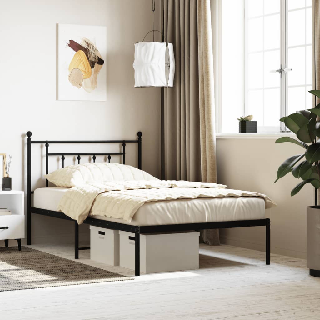 Metal Bed Frame with Headboard Black 107x203 cm