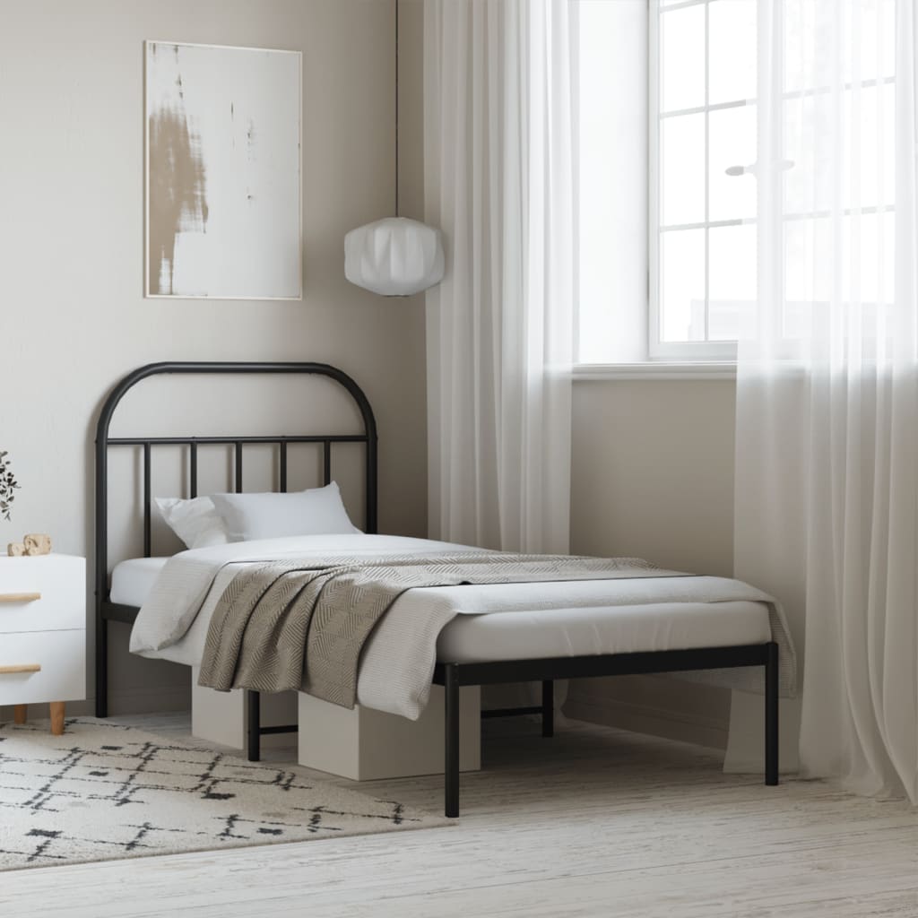Metal Bed Frame with Headboard Black 90x200 cm