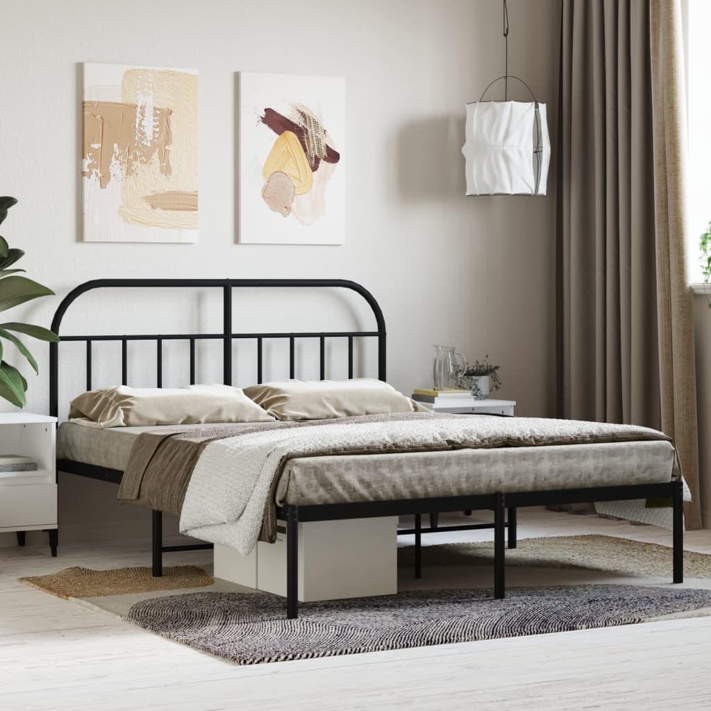Metal Bed Frame with Headboard Black 150x200 cm