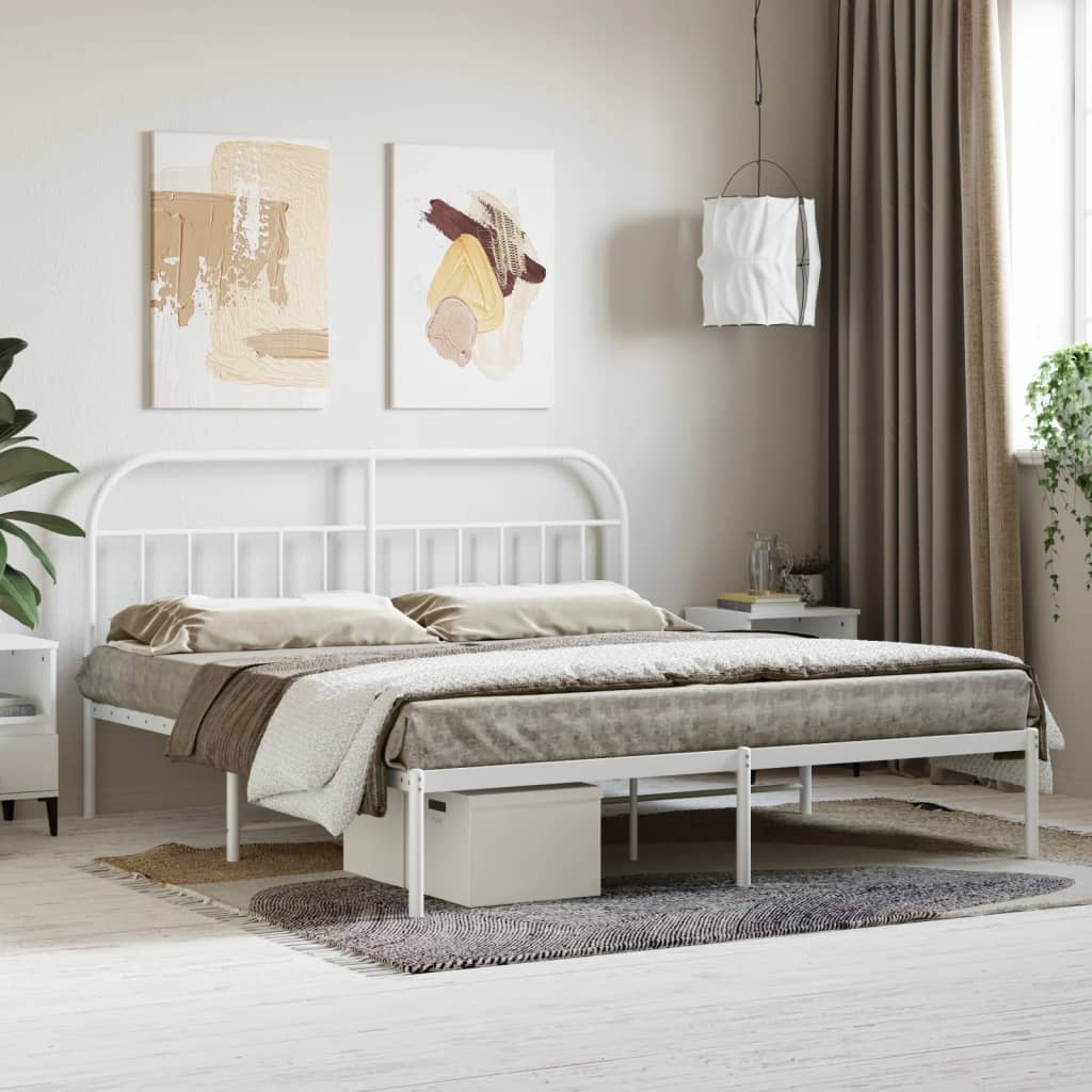 Metal Bed Frame with Headboard White 180x200 cm Super King