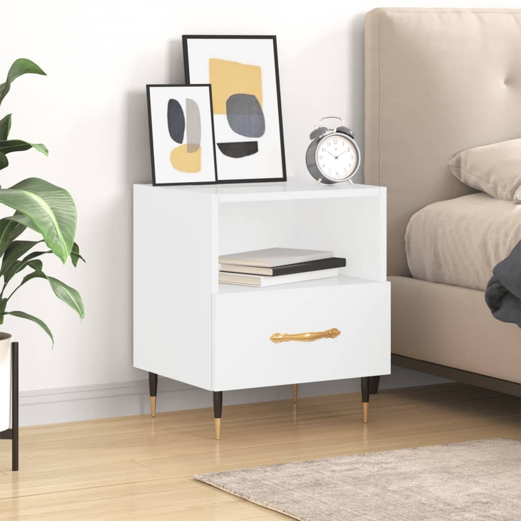 Bedside Table - ROGERS Bea Nightstand High Gloss White 40cm