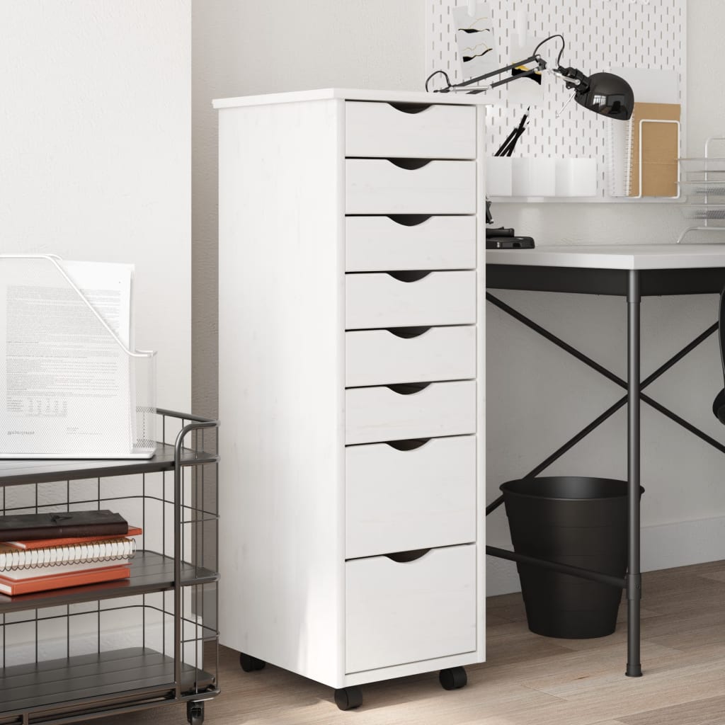 Rolling Cabinet with Drawers MOSS White Solid Wood Pine