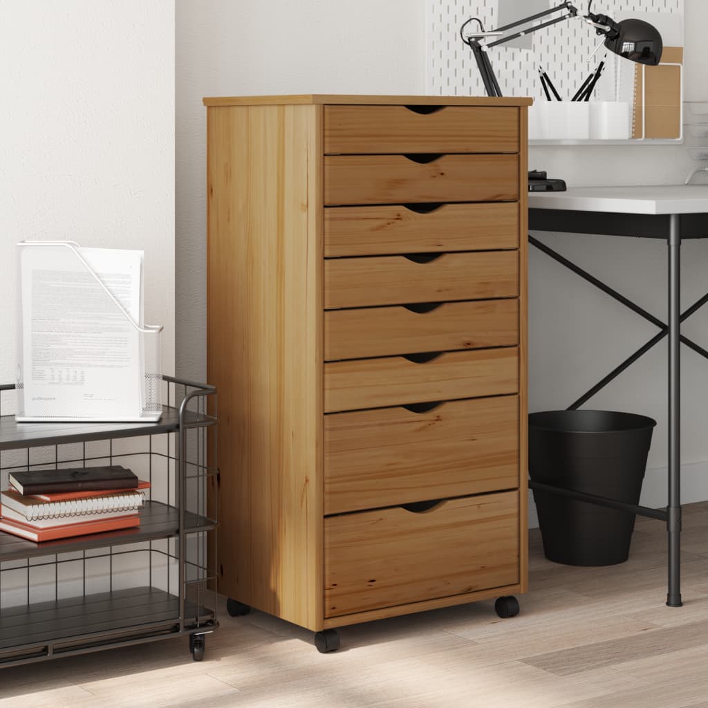 Rolling Cabinet with Drawers MOSS Honey Brown Solid Wood Pine