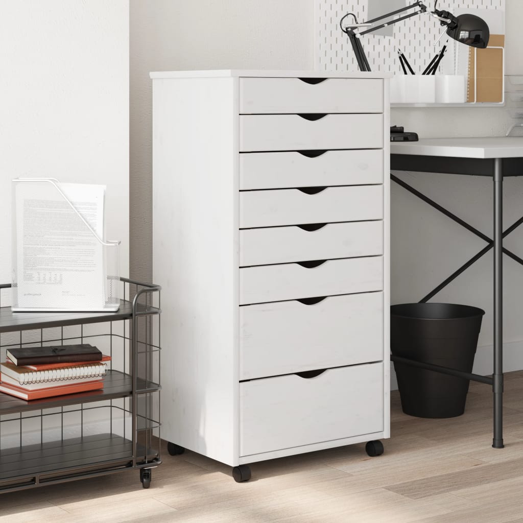 Rolling Cabinet with Drawers MOSS White Solid Wood Pine