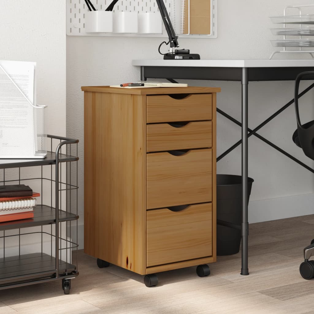 Rolling Cabinet with Drawers MOSS Honey Brown Solid Wood Pine