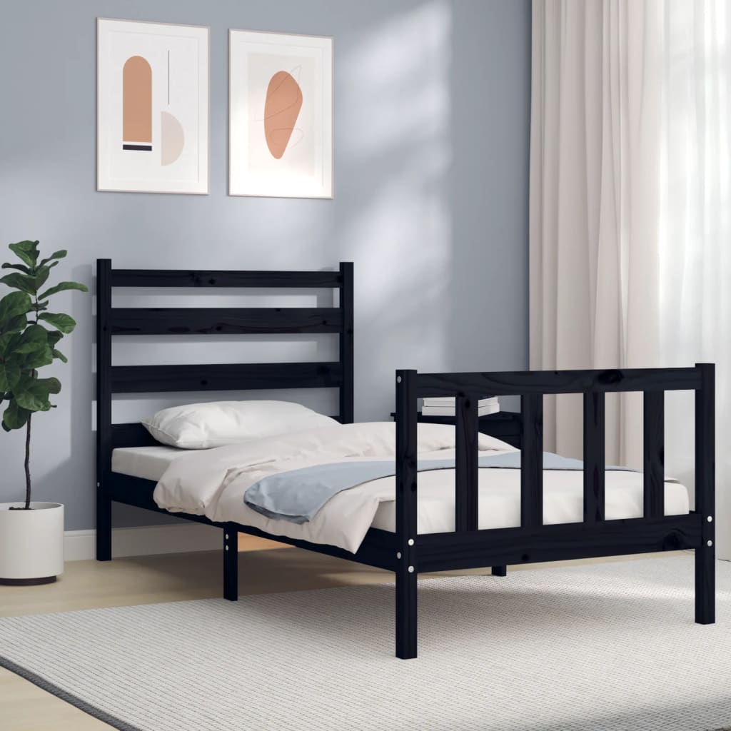 Bed Frame with Headboard Black Small Single Solid Wood