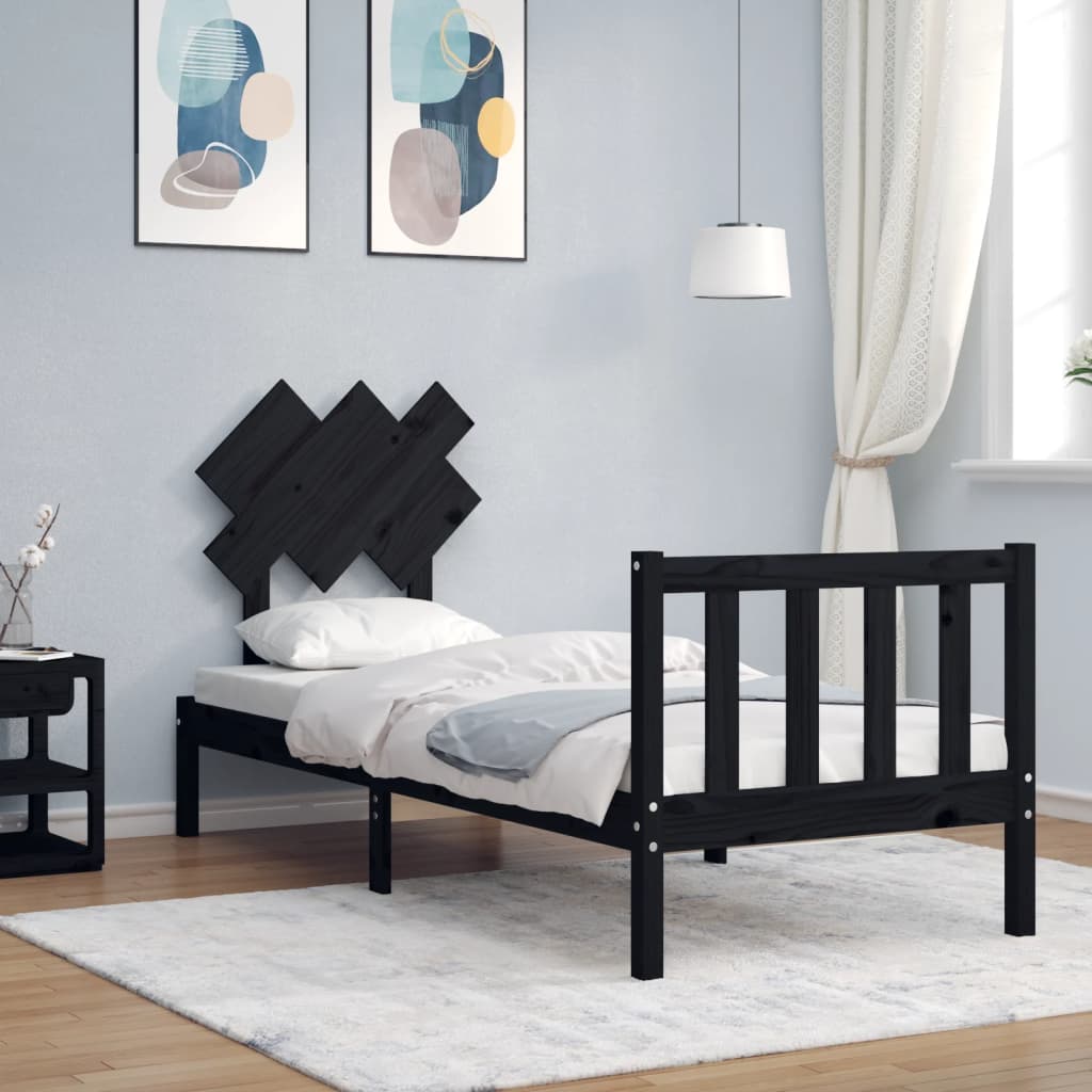 Bed Frame with Headboard Black Small Single Solid Wood