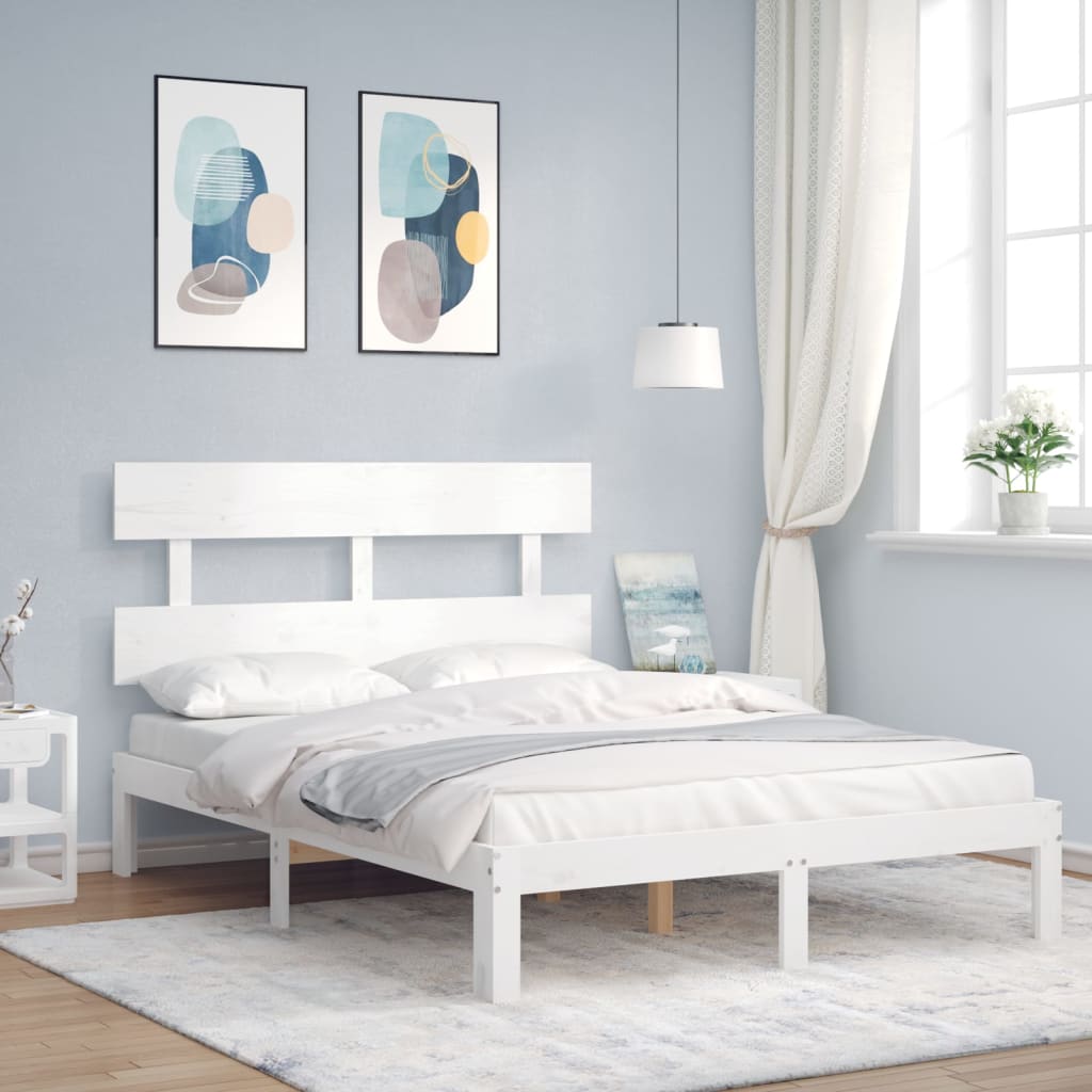 Bed Frame with Headboard White Small Double Solid Wood