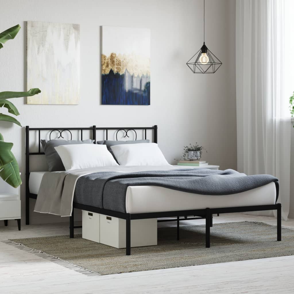Metal Bed Frame with Headboard Black 135x190 cm Double