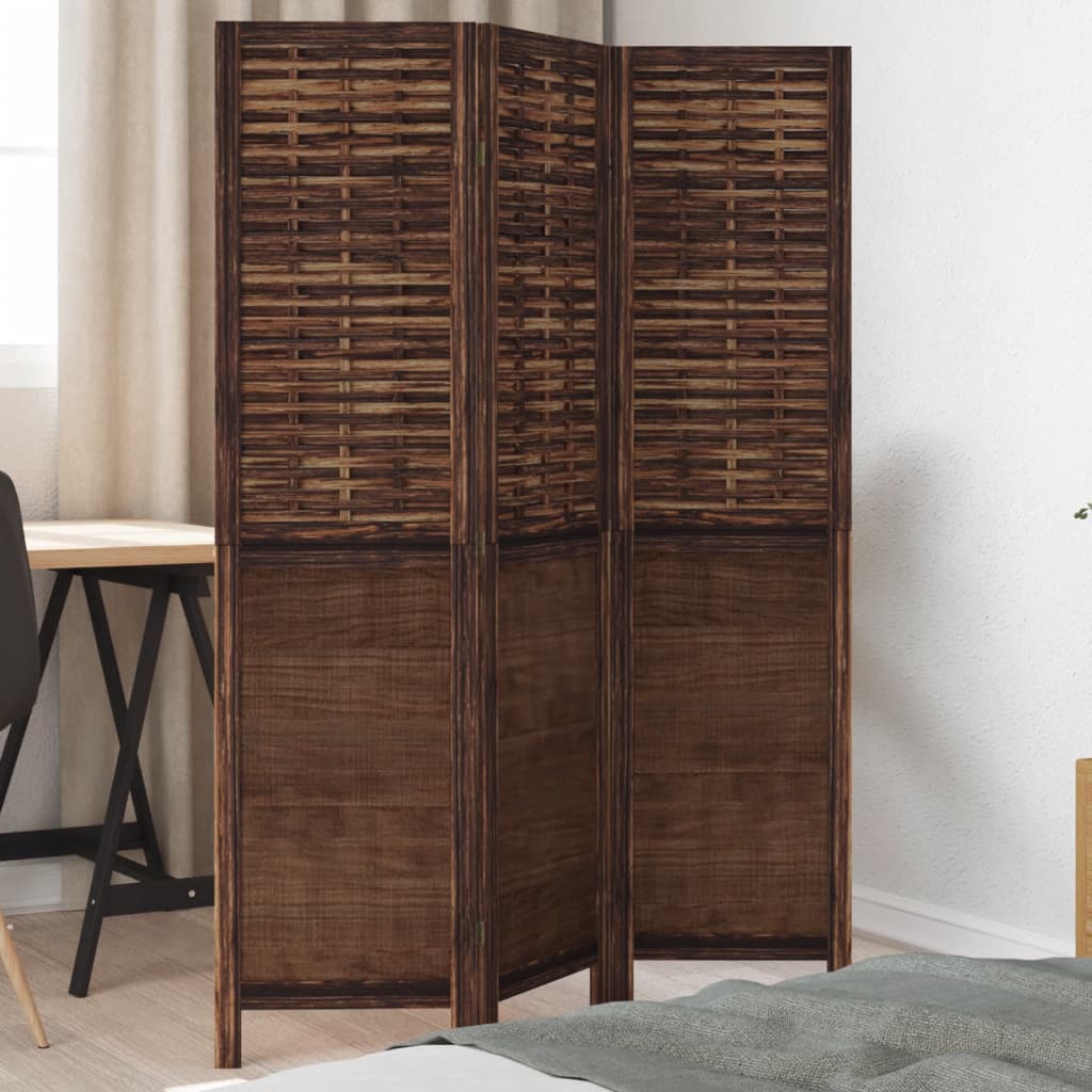 Room Divider 3 Panels Dark Brown Solid Wood Paulownia