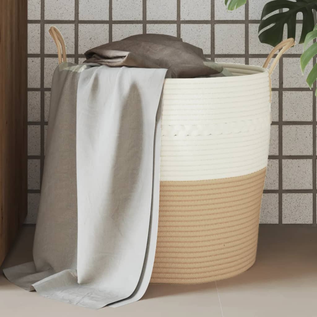 Storage Basket Beige and White 43x38cm Cotton