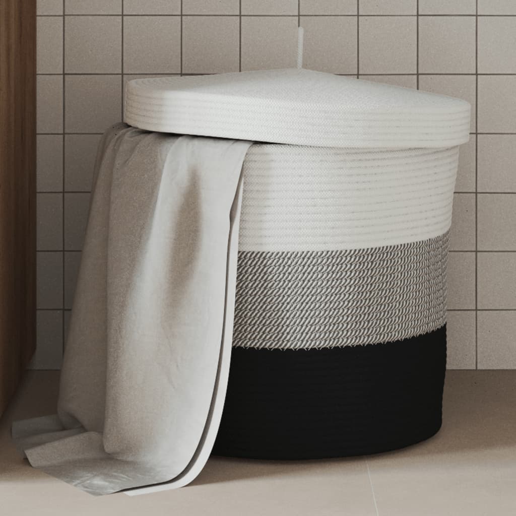 Storage Basket with Lid White and Black 40x35cm Cotton