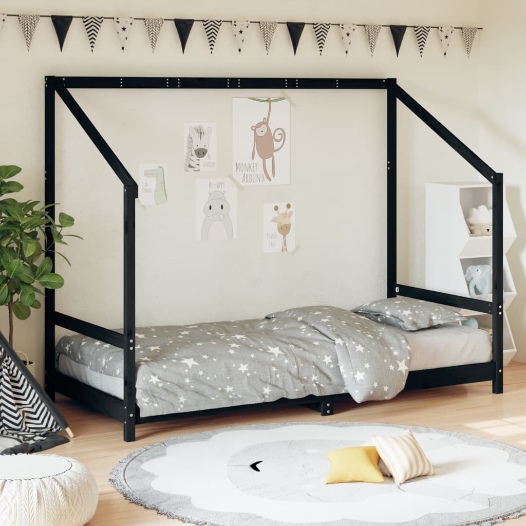 Kids Bed Frame Black 90x190cm Solid Wood Pine