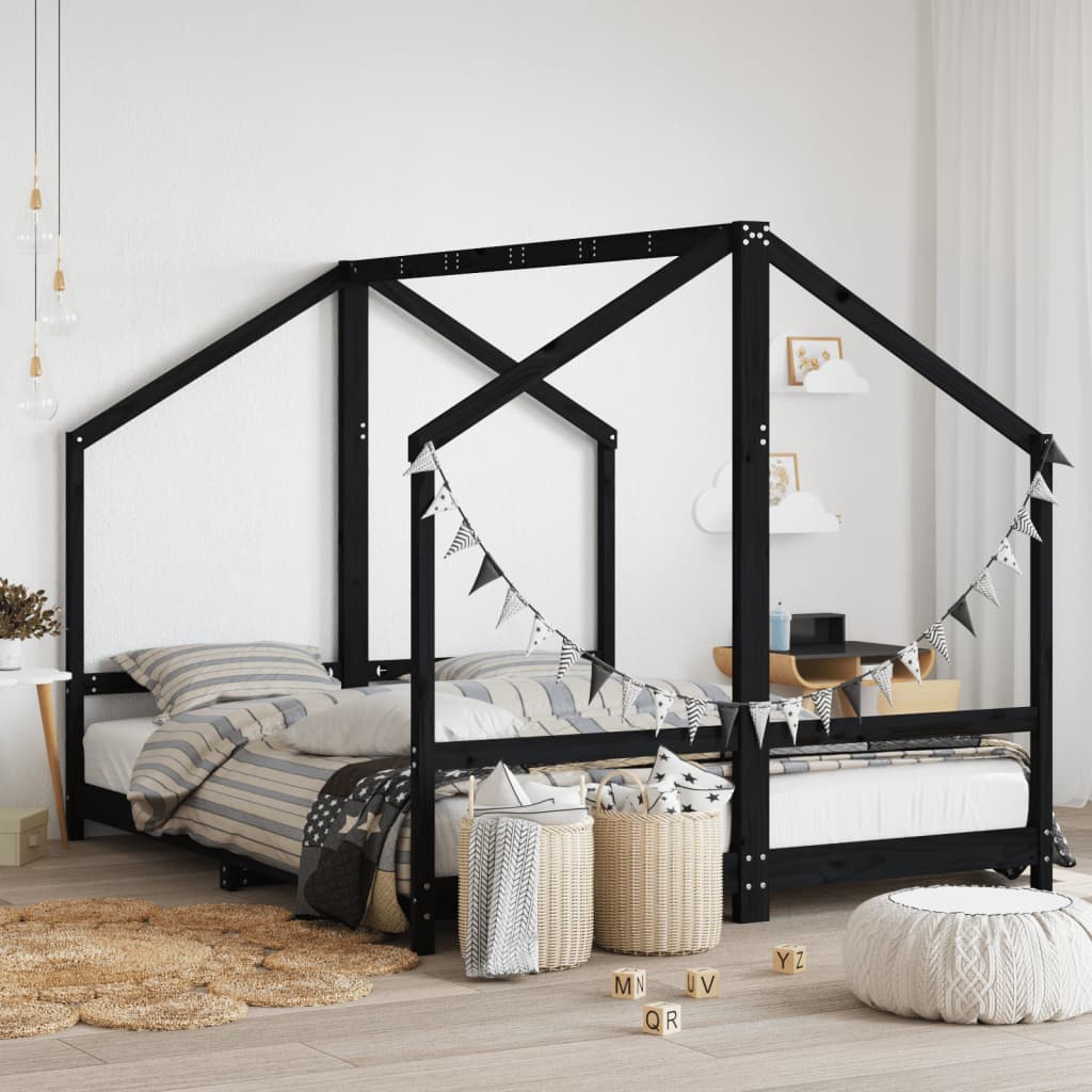 Kids Bed Frame Black 2x80x200cm Solid Wood Pine