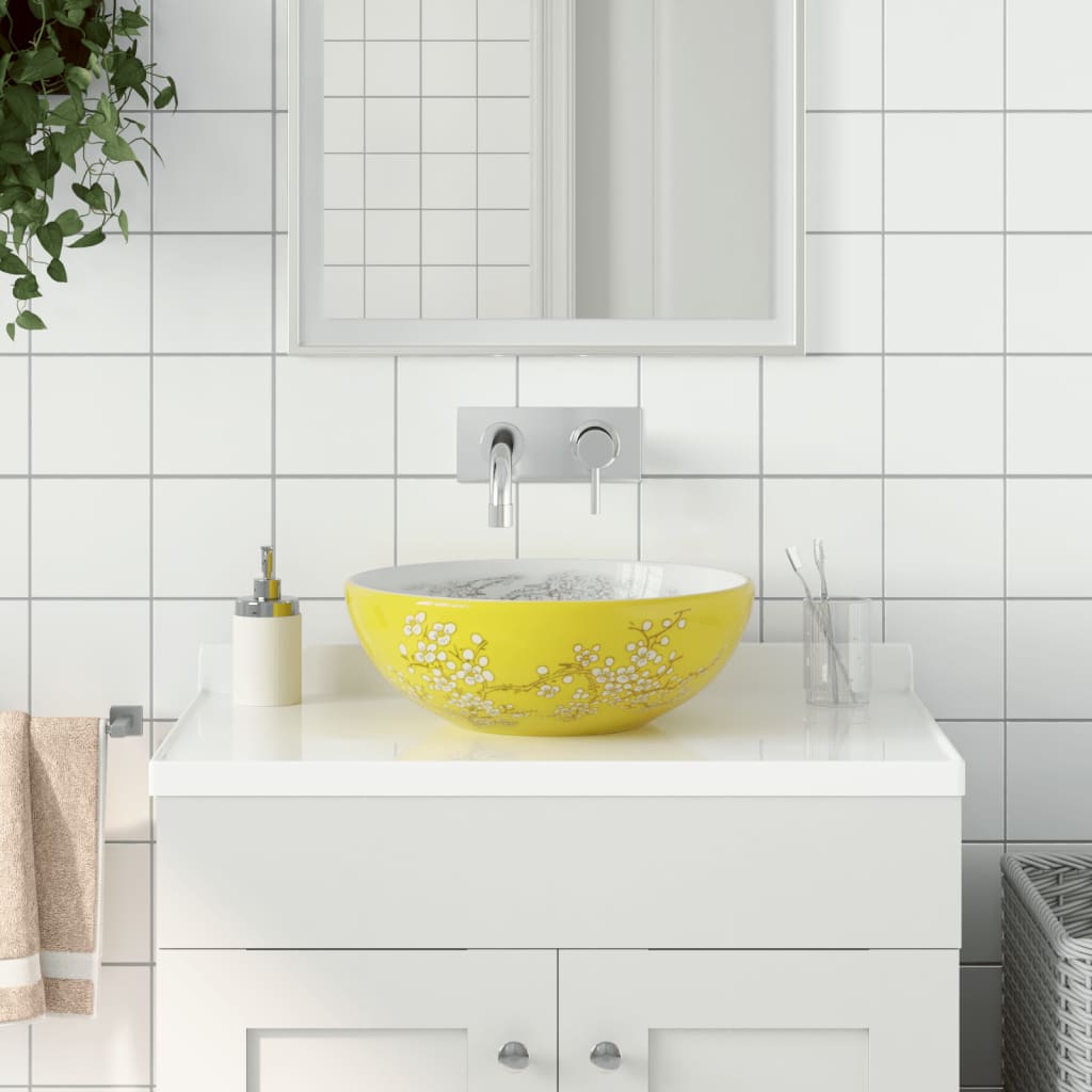 Countertop Basin White and Yellow Round Î 41x14 cm Ceramic