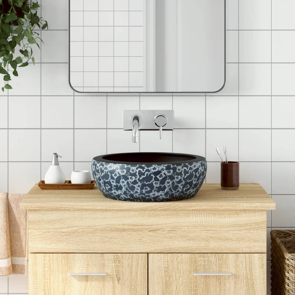 Countertop Basin Black and Blue Round Î 41x14 cm Ceramic
