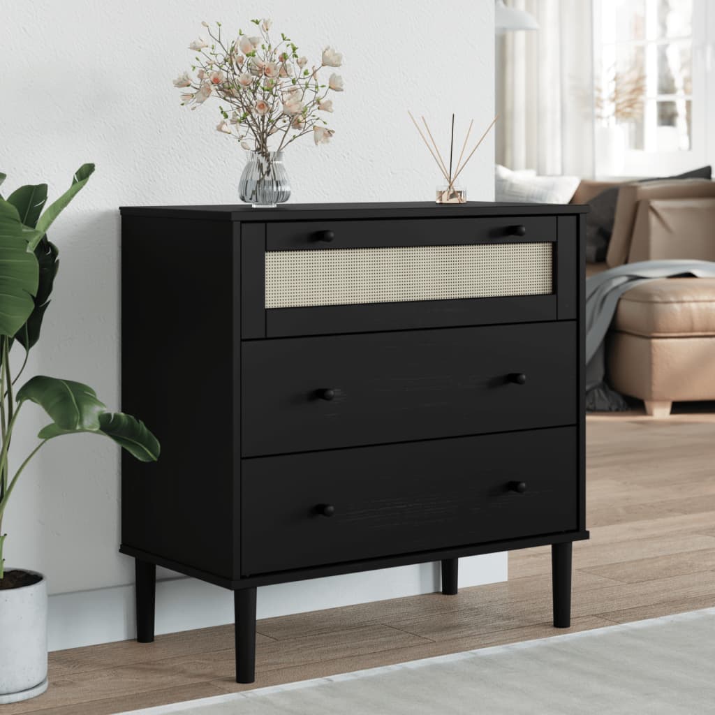 HARDISTY Black Rattan Chest of Drawers - Medium-sized, 3 Drawers