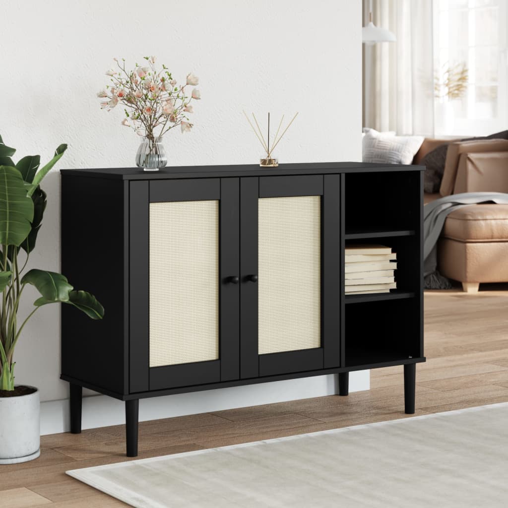 Sideboard SENJA Rattan Look Black 112x40x80cm Solid Wood Pine