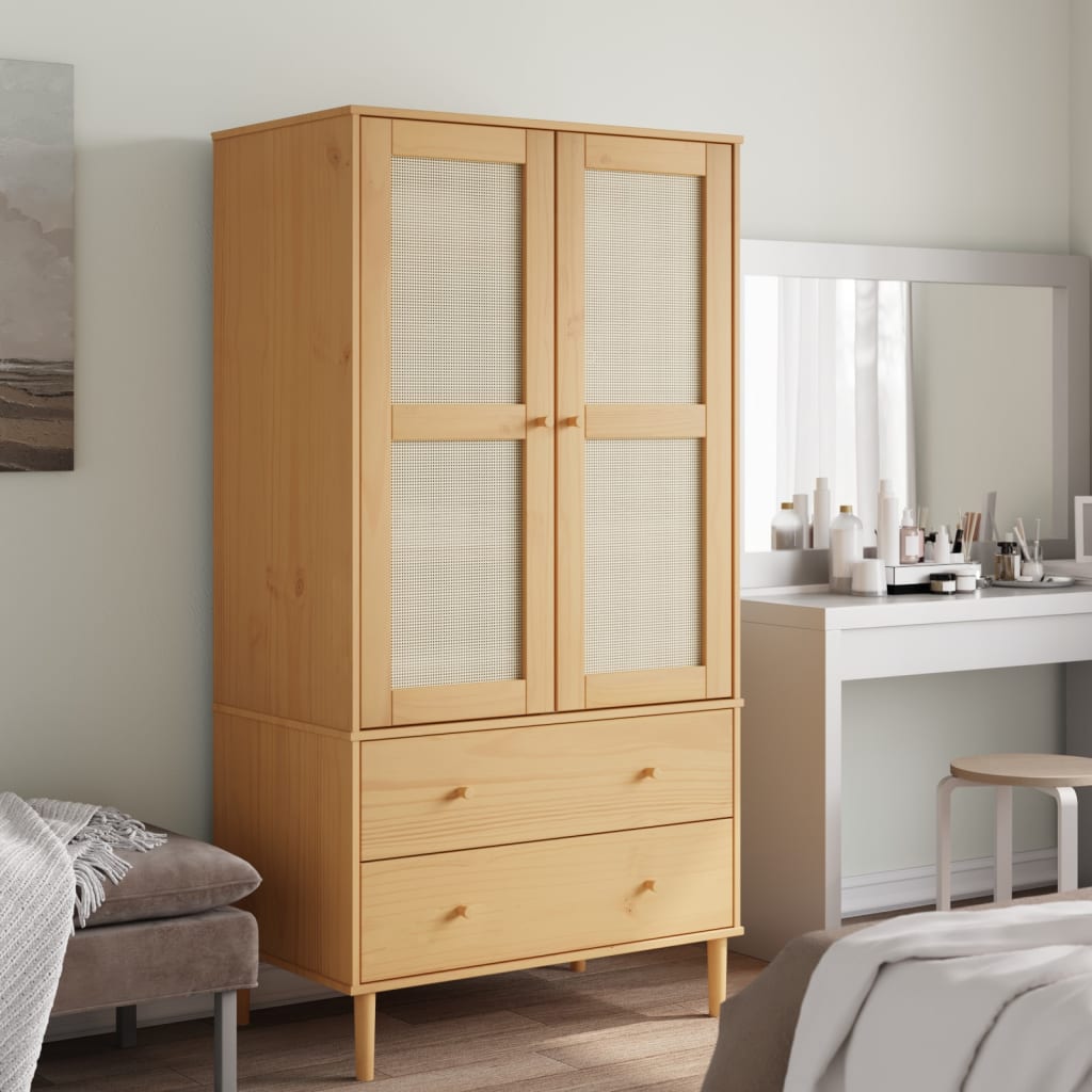 SHON 2 Door Rattan Wardrobe with 2 Drawers Brown - 90cm