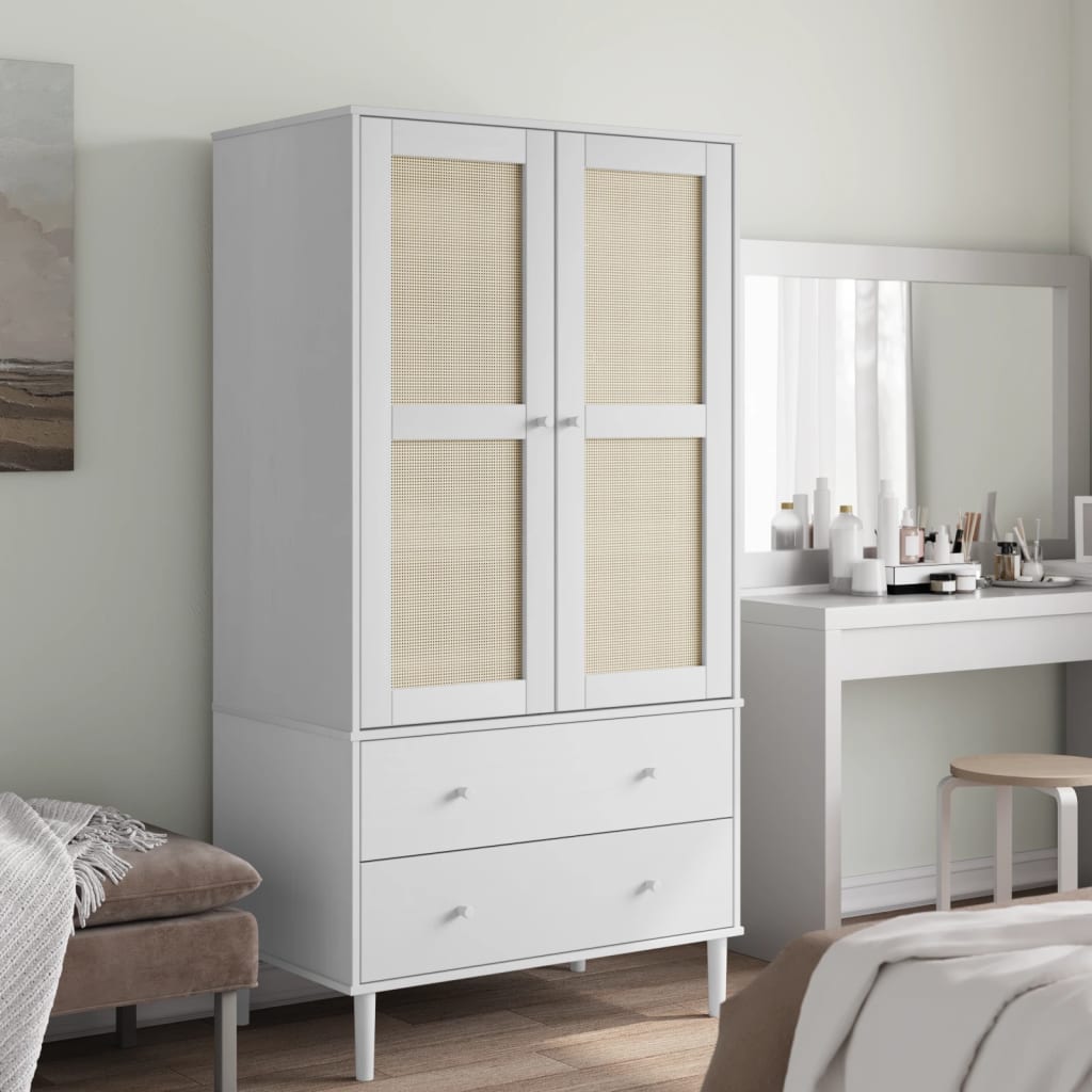 SHON 2 Door Rattan Wardrobe with 2 Drawers White - 90cm