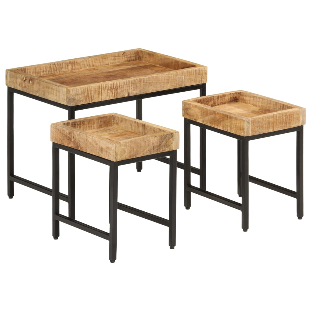 Nesting Coffee Tables 3 pcs Solid Rough Mango Wood and Iron