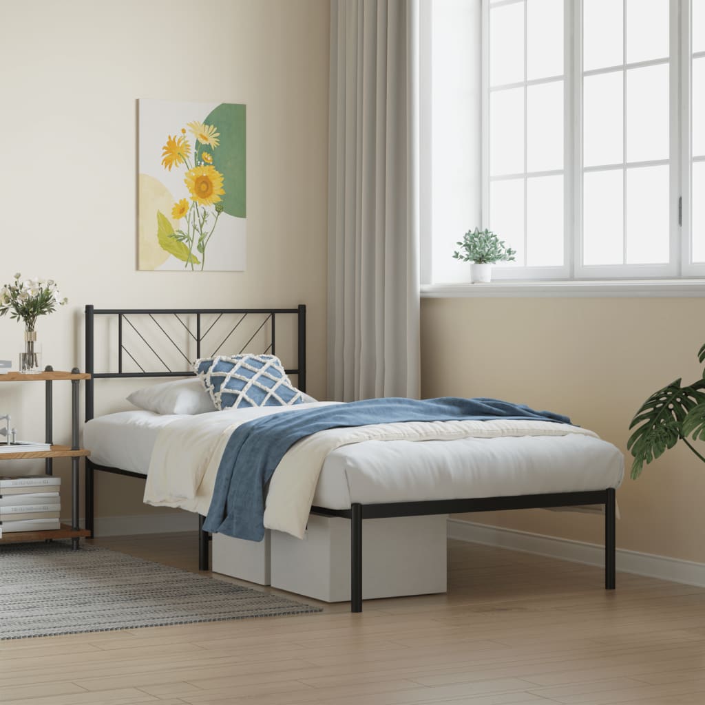 Metal Bed Frame with Headboard Black 75x190 cm Small Single