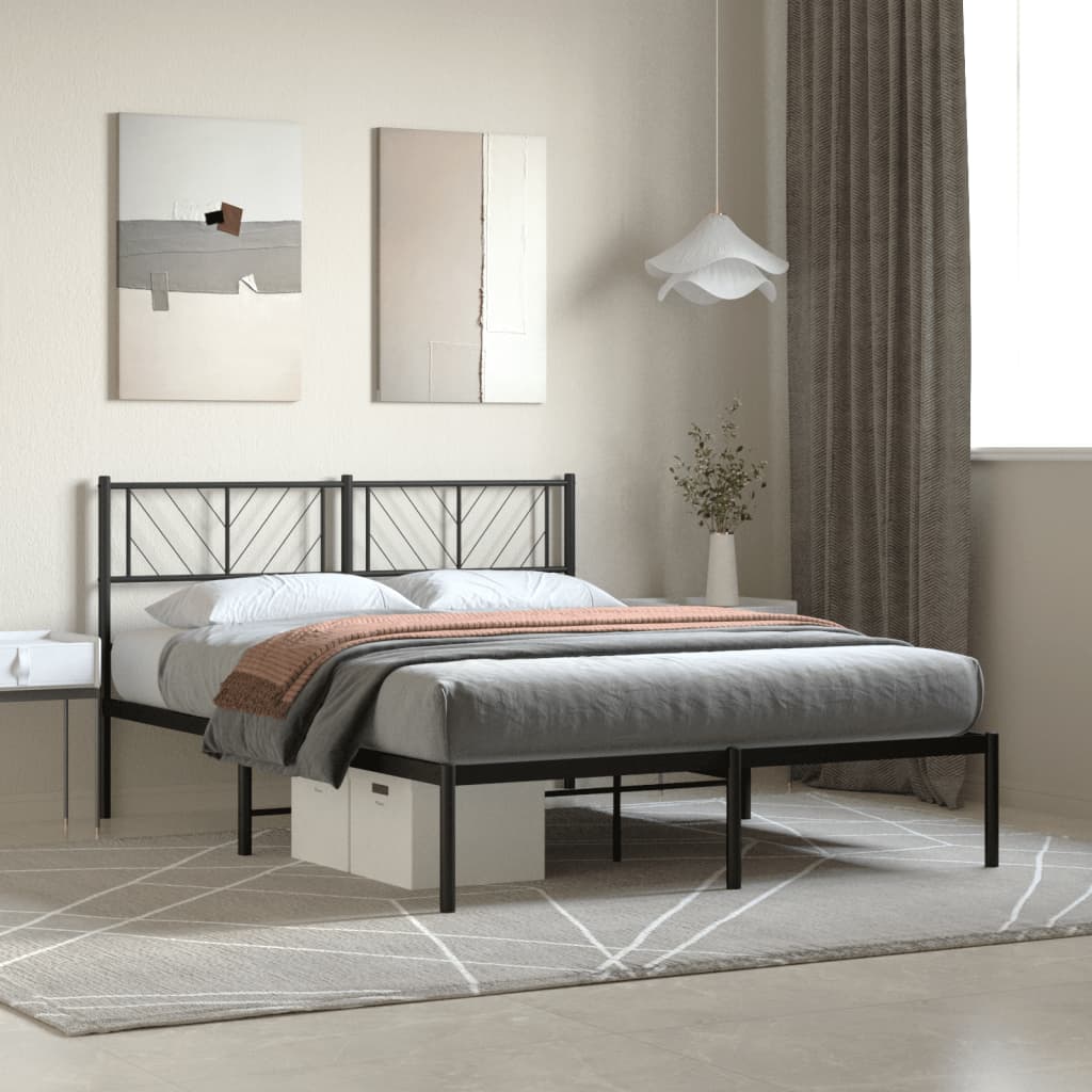 Metal Bed Frame with Headboard Black 150x200 cm King Size