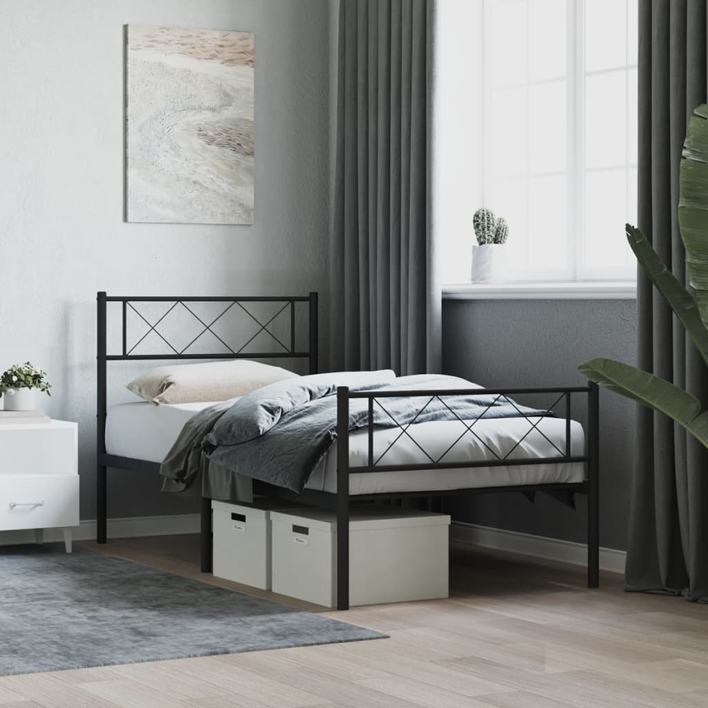 Metal Bed Frame with Headboard and Footboard Black 75x190 cm Small Single