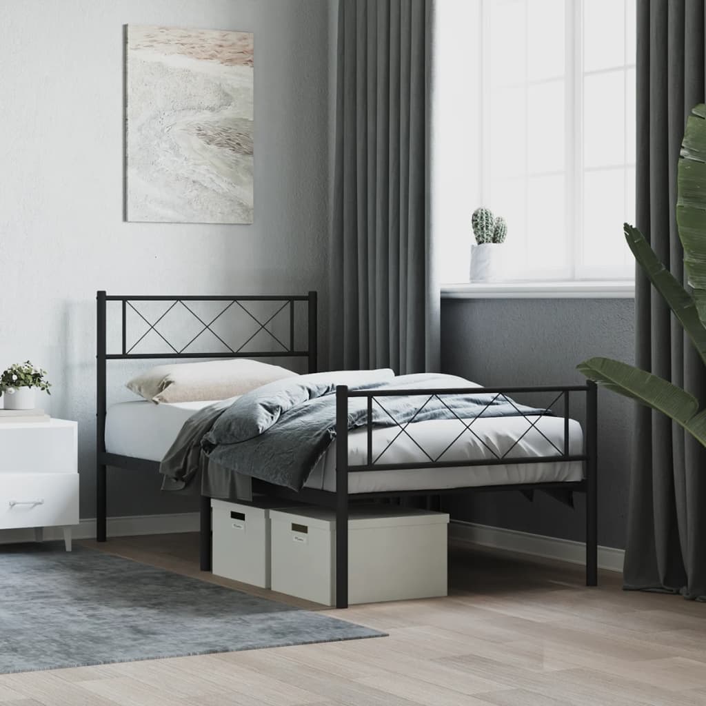 Metal Bed Frame with Headboard and Footboard Black 100x190 cm