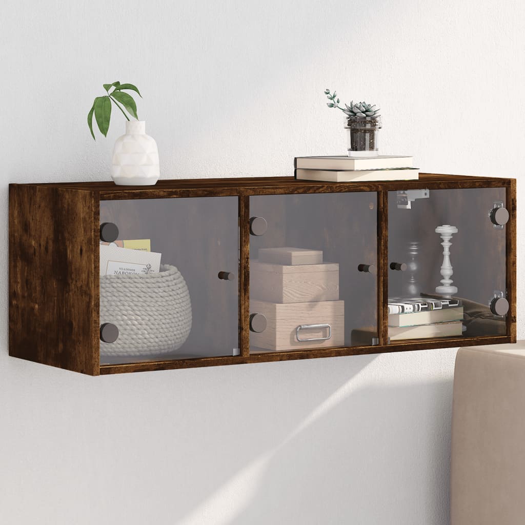Wall Cabinet with Glass Doors Smoked Oak 102x37x35 cm