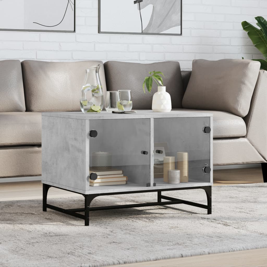 Coffee Table with Glass Doors Concrete Grey 68.5x50x50 cm