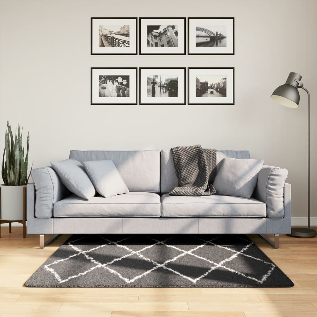 Shaggy Rug High Pile Modern Black and Cream 120x120cm