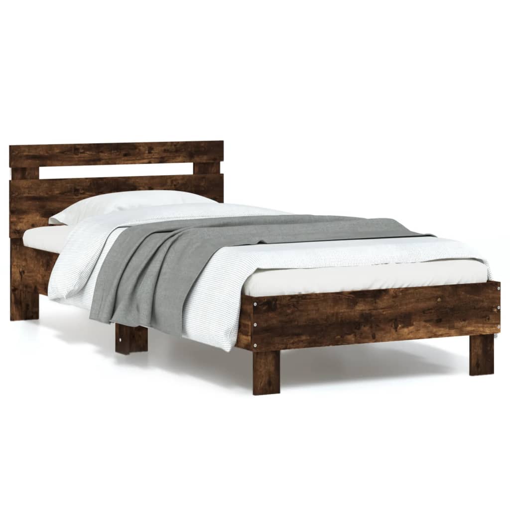 Bed Frame with Headboard and LED Lights Smoked Oak 90x190 cm Single
