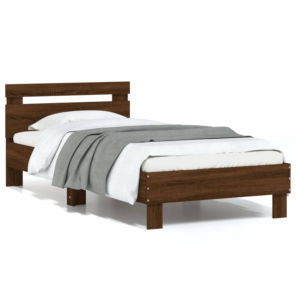 Bed Frame with Headboard and LED Lights Brown Oak 75x190 cm Small Single