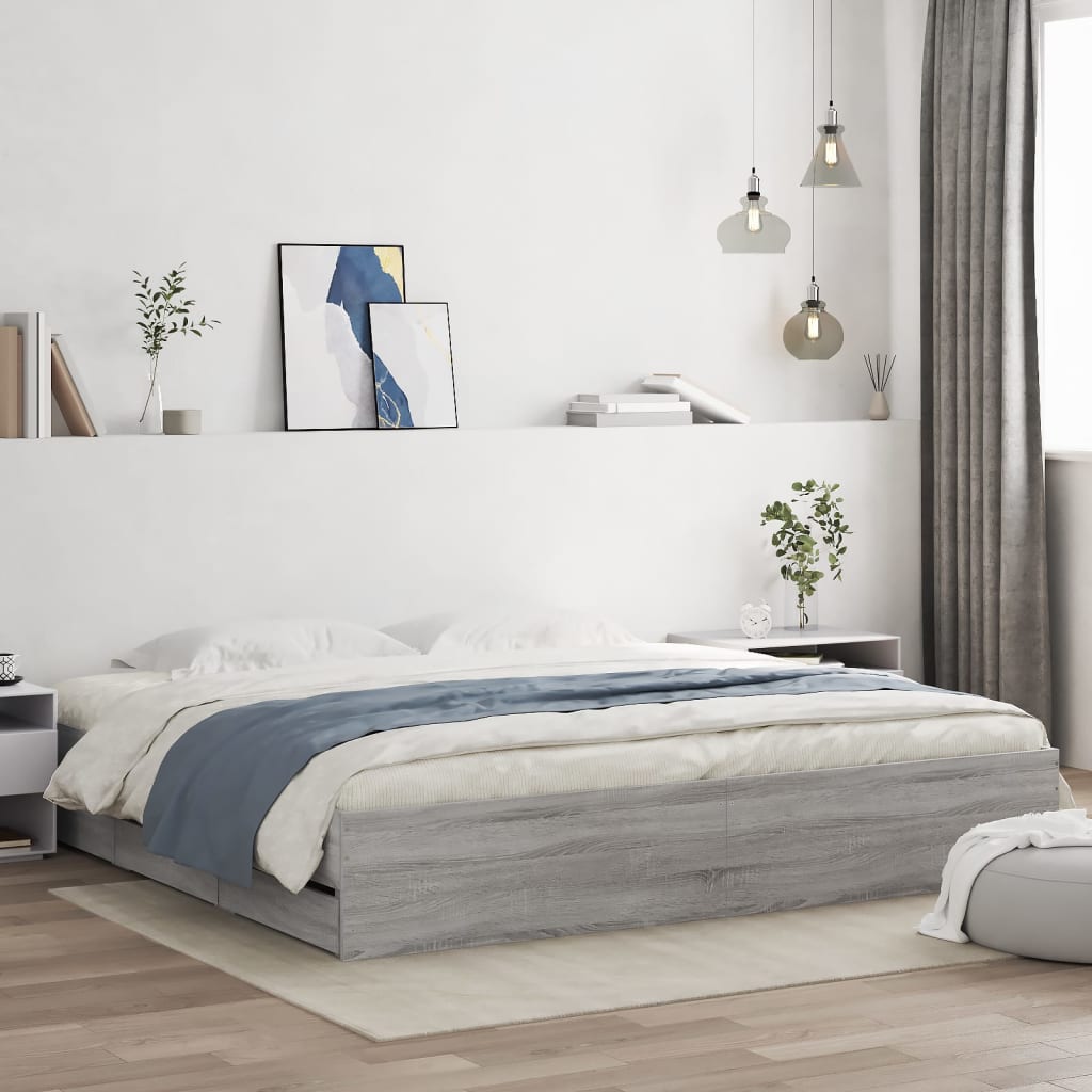 Bed Frame with Drawers Grey Sonoma 180x200 cm Super King Size Engineered Wood