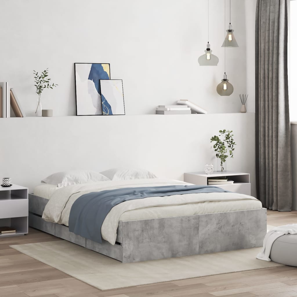 Bed Frame with Drawers Concrete Grey 135x190 cm Double Engineered Wood