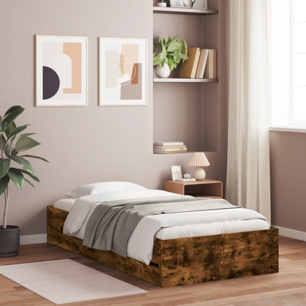 Bed Frame with Drawers Smoked Oak 90x190 cm Single Engineered Wood