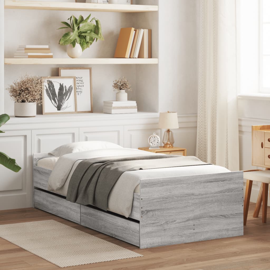 Bed Frame with Drawers Grey Sonoma 90x190 cm Single