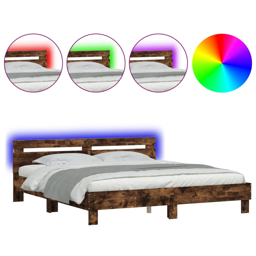 Bed Frame with Headboard and LED Smoked Oak 180x200 cm Super King Size