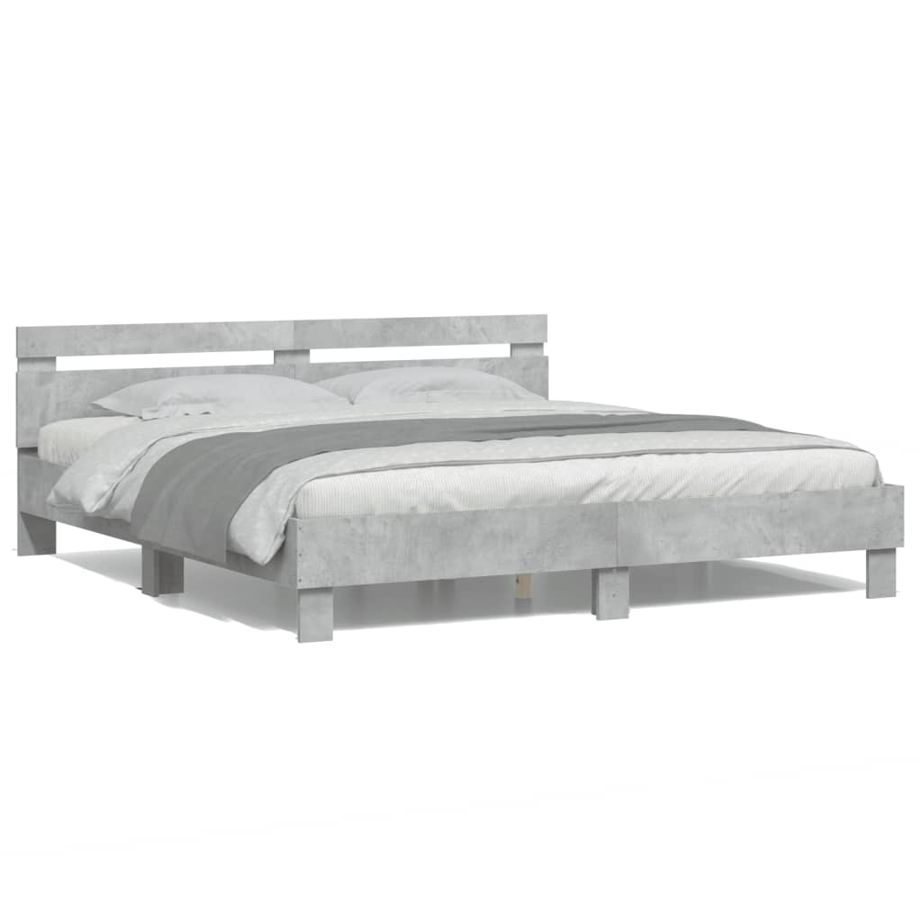 Bed Frame with Headboard and LED Concrete Grey 160x200 cm